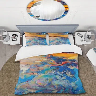 Design Art Orange Sunset Over Whirly Blue Waves - Nautical & Coastal Duvet Cover Set - Microfiber Polyester