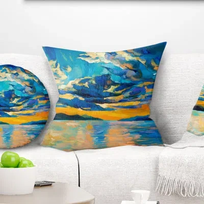 Design Art Orange Sunset With Blue Sky - Sea & Shore Printed Throw Pillow
