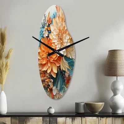 Design Art Orange Teal Botanical Whirlwind I - Botanicals Asymmetrical Metal Wall Clock, Modern Curved Wall Clo In Orange;teal