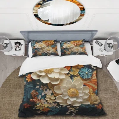 Design Art Orange Teal Botanical Whirlwind Ii Beddingmicrofiber / Polyester Duvet Cover Set In Orange;cream;teal
