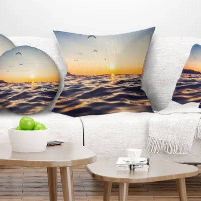 Design Art Orange Tinged Sea Waters At Sunrise - Sea & Shore Printed Throw Pillow