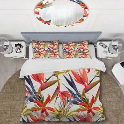 Design Art Orange Tropical Flower - Cabin & Lodge Duvet Cover Set In White,red,green