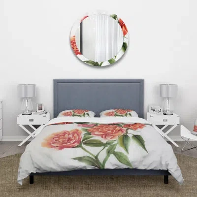 Design Art Orange Vintage Roses - Traditional Duvet Cover Set - Microfiber Polyester In Pink,green