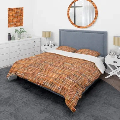 Design Art Orangeand Brown Grunge Striped Brown/orange Microfiber 3 Piece Duvet Cover Set In Brown,orange
