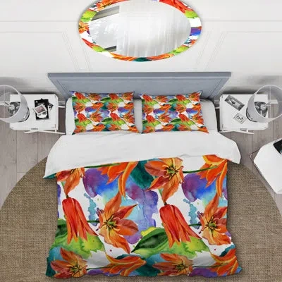 Design Art Orange/purple/green Microfiber Duvet Cover Set In Orange,purple,green