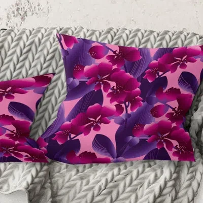 Design Art Orchid Blossom Colorful Pattern - Mid-century Modern Printed Throw Pillow In Purple
