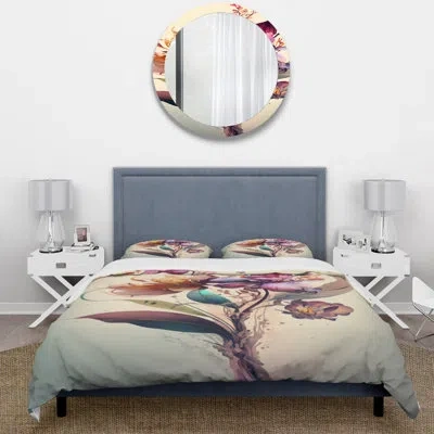 Design Art Orchid Floral Design I - Floral Orchid Duvet Cover Set - Microfiber Polyester In Yellow;purple