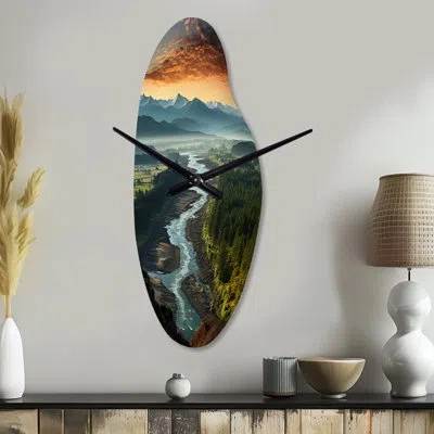 Design Art Oregon River Landscape Iii - Oregon Curved Metal Clock, Yellow Asymmetrical Metal Clock Print