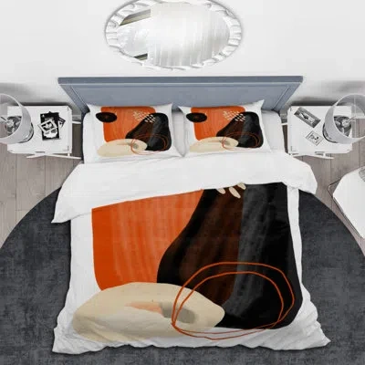 Design Art Organic Minimalistic Shapes In Retro Colors Iii - Modern Duvet Cover Set - Microfiber Polyester In Black,orange