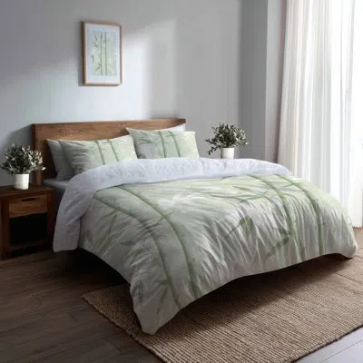 Design Art Oriental Bedding Set - Coastal Bamboo Mist Duvet Cover And Throw Pillow Set In Green