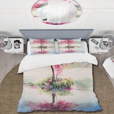 Design Art Oriental Cherry Tree Sakura On The Lake - Lake House Duvet Cover Set - Microfiber Polyester In Pink,white