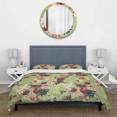 Design Art Oriental Silk Pattern - Vintage Oriental Duvet Cover Set - Microfiber Polyester In Green