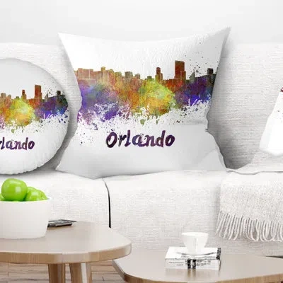 Design Art Orlando Skyline - Cityscape Printed Pillow In Green;purple