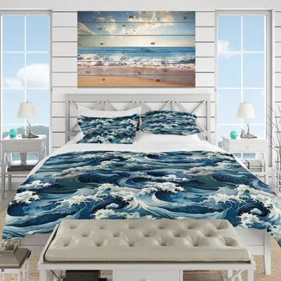 Design Art Orlie White Blue Japan Tsunami Crests Ii - Coastal Duvet Cover Set - Microfiber Polyester