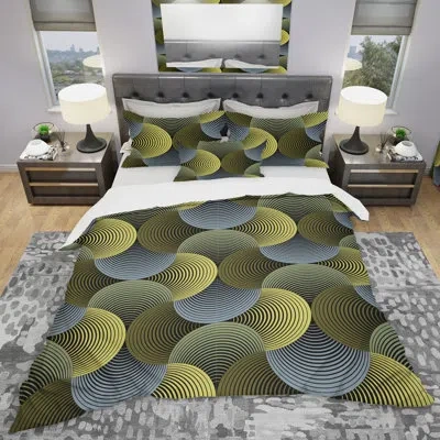 Design Art Ornate Geometric Petals Grid - Contemporary Abstract Duvet Cover Set - Microfiber Polyester In Green