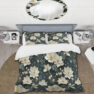 Design Art Orrill White And Teal Tranquil Lotus Zen - Botanical Duvet Cover Set - Microfiber Polyester In White;teal