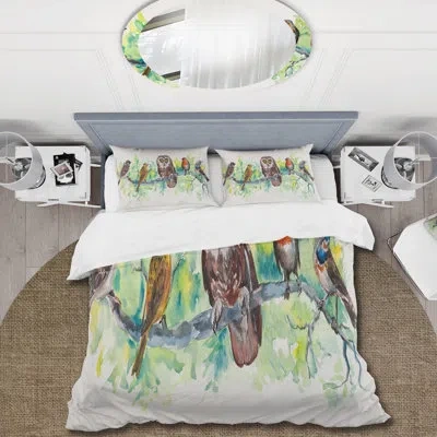 Design Art Owl On A Branch With Bird Friends - Traditional Duvet Cover Set - Microfiber Polyester In Light Green,brown