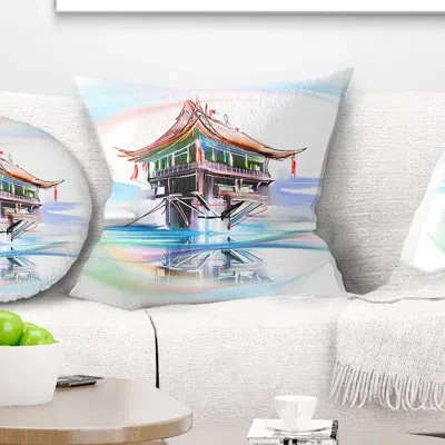 Design Art Pagoda In Vietnam - Landscape Printed Pillow In Blue;brown