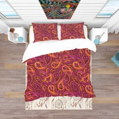Design Art Paisley Indian Pattern - Bohemian Paisley Duvet Cover Set - Microfiber Polyester In Red