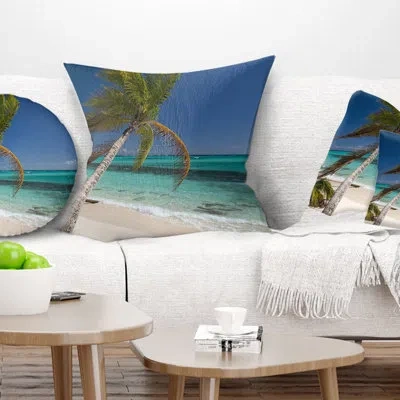 Design Art Palm Bent To Picturesque Seashore - Sea & Shore Printed Pillow In Blue;black;brown;green;red;yellow