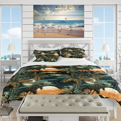 Design Art Palm Breeze Tropical Pattern Iv Duvet Cover Set In Green;peach