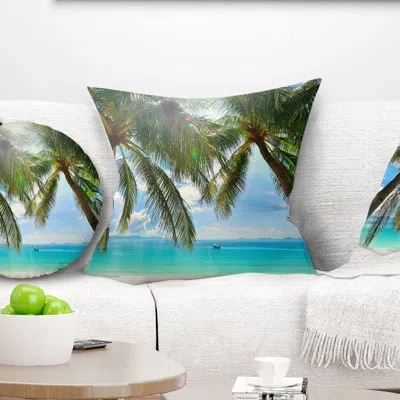 Design Art Palm Hanging Over Sandy White Beach - Sea & Shore Printed Pillow