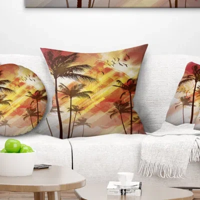 Design Art Palm Tree At Sunset - Landscape Printed Pillow In Red;yellow