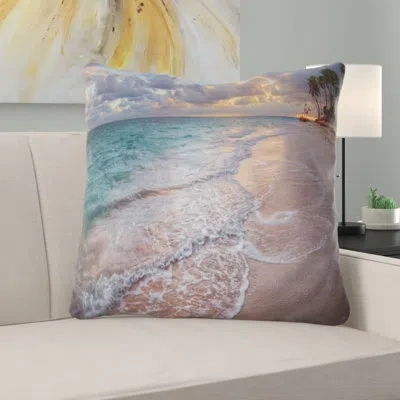 Design Art Palm Trees On Clear Sandy Beach - Sea & Shore Printed Pillow In Brown