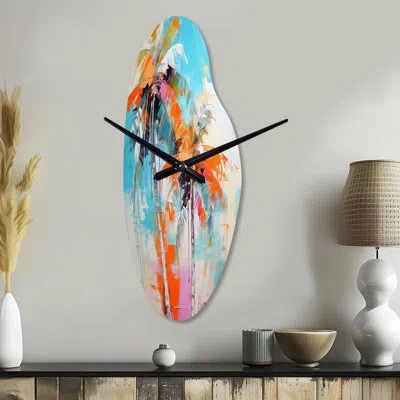 Design Art Palm Trees Palm Vi - Palm Trees Curved Metal Wall Clock, Traditional Asymmetrical Clock Print In Multi-color
