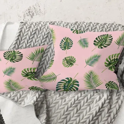 Design Art Palm Tropical Leaves Pattern. - Mid-century Modern Printed Throw Pillow In Green