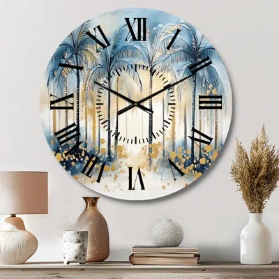 Design Art Palms At The Edge Of Night - Blue Coastal Round Metal Wall Clock