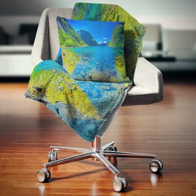 Design Art Panoramic View Of Norwegian Fjord Landscape Printed  Pillow In Blue