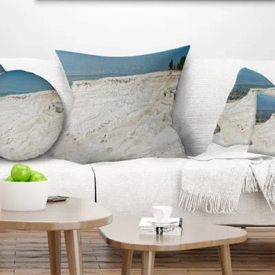 Design Art Panoramic View Of Pammukale - Sea & Shore Printed Pillow In Blue;white