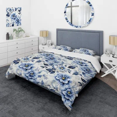 Design Art Panra Coastal Tranquility Victorian Pattern Ii - Floral Duvet Cover Set - Microfiber Polyester In Blue