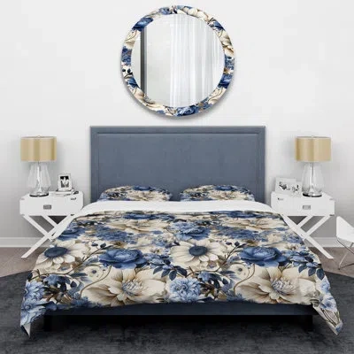 Design Art Pareschka Cobalt Blue Floral Bouquets Victorian Pattern I - Floral Duvet Cover Set - Microfiber Poly