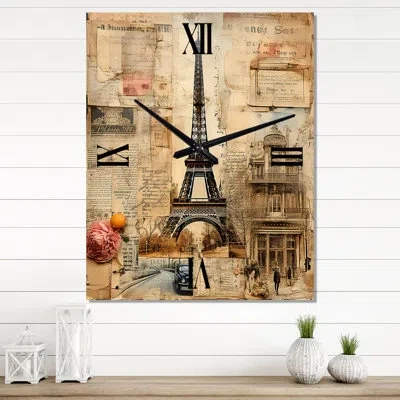 Design Art Paris Chronicles Vintage Collage Ix - City Paris Vintage Wall Clock In Black