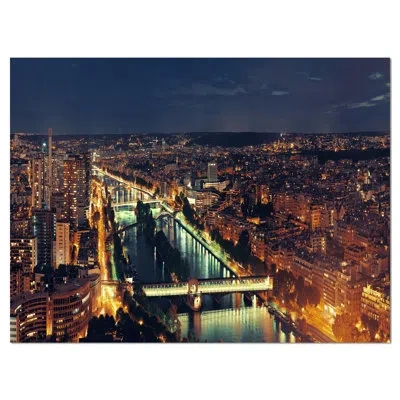 Design Art Paris City Night Skyline - Wrapped Canvas Photograph Print In Yellow