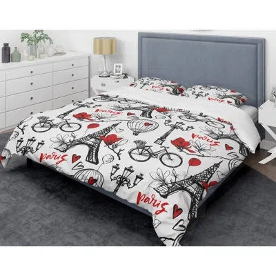 Design Art Paris Eiffel Hearts I Mid-century Duvet Cover Set In Black