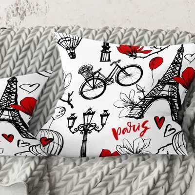 Design Art Paris Eiffel Red Hearts I - Mid-century Modern Printed Throw Pillow In Black