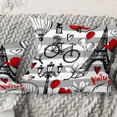Design Art Paris Eiffel Red Hearts Ii - Mid-century Modern Printed Throw Pillow In Black