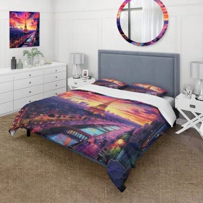 Design Art Paris Eiffel Tower Harmony Ii Beddingmicrofiber / Polyester Duvet Cover Set In Yellow;purple