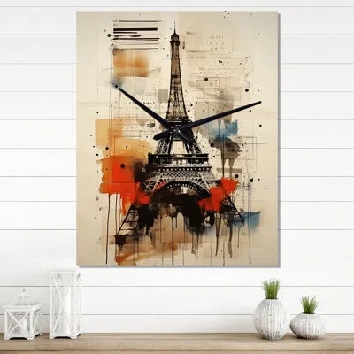 Design Art Paris Eiffel Tower Retro Illustration - City Paris Wall Clock In Black