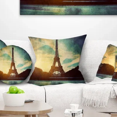 Design Art Paris Eiffel Towerretro Style - Cityscape Printed Pillow In Blue;yellow