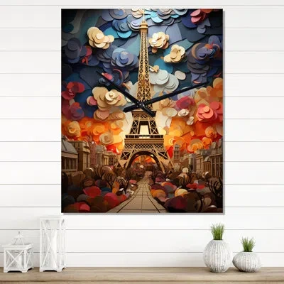 Design Art Paris In Bloom Vibrant Retro Collage - City Paris Modern Wall Clock In Multi-color