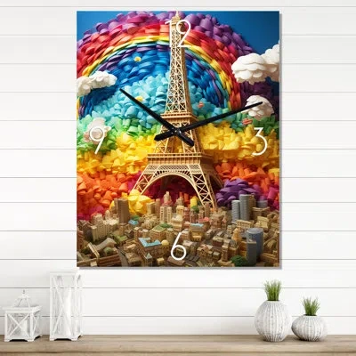 Design Art Paris In Spring Bloom Retro Rainbow Collage - City Paris Wall Clock Oversized In Yellow;pink