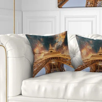 Design Art Paris Paris Eiffel Towerin Paris With Sunset Cityscape Pillow In Blue;white