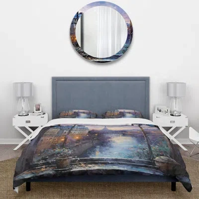 Design Art Paris Window View Sunset - Cityscapes Duvet Cover Set - Microfiber Polyester In Blue;yellow