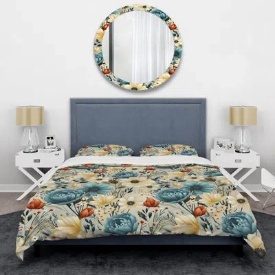 Design Art Parisse Blue Boho Floral Harmony - Floral Duvet Cover Set - Microfiber Polyester