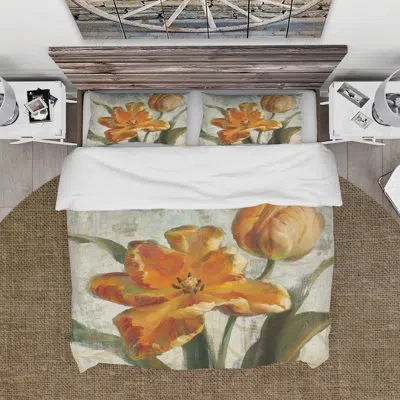 Design Art Parrot Tulips I On Ivory - Cabin & Lodge Duvet Cover Set - Microfiber Polyester In Orange