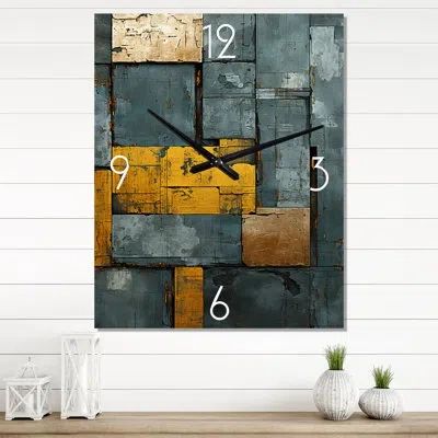 Design Art Passage Of Time Distressed Yellow And Blue - Modern Geometric Wall Clock In Blue;gold